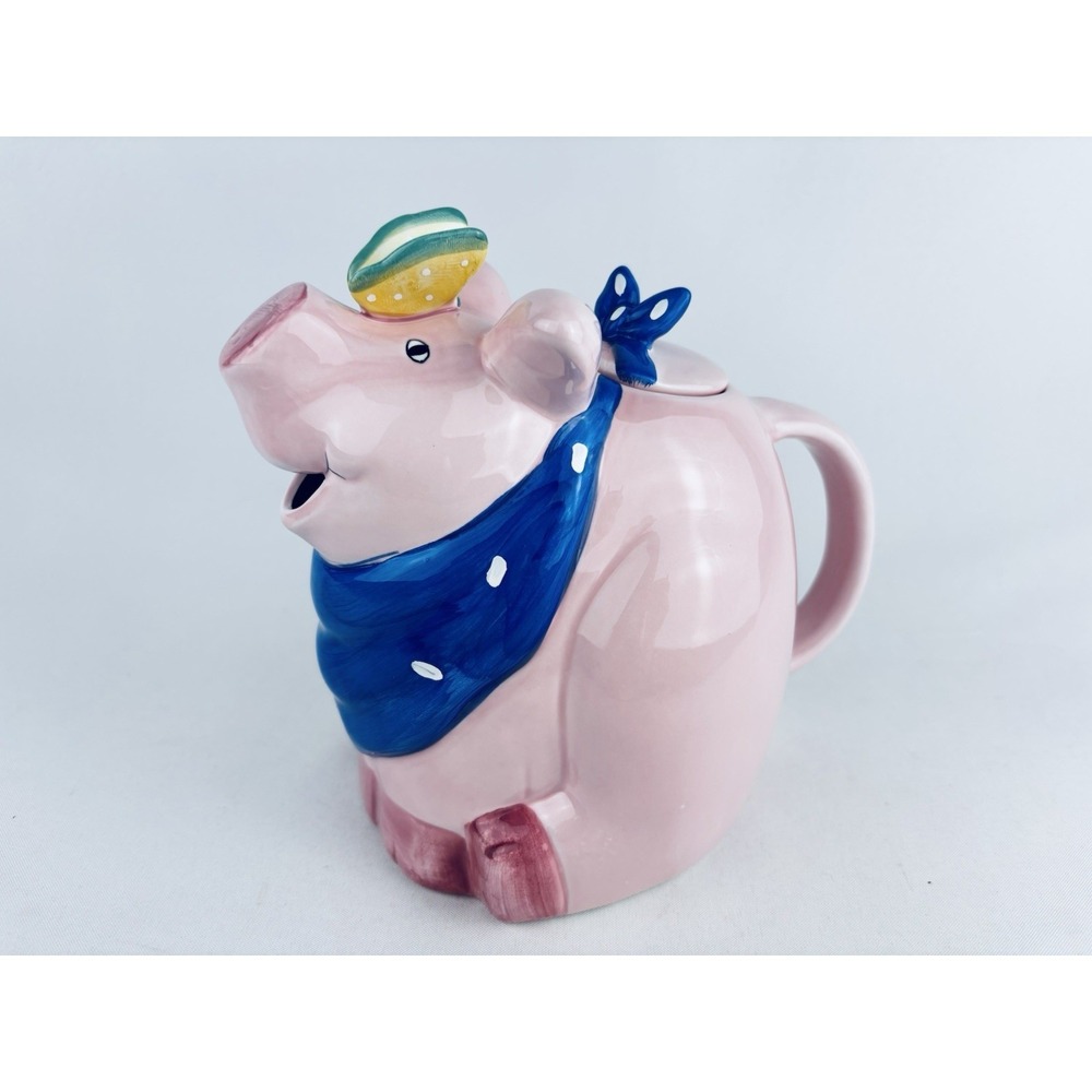 Vintage Coco Dowley Ceramic Pink Pig with Butterfly and Blue Scarf Teapot Cute!